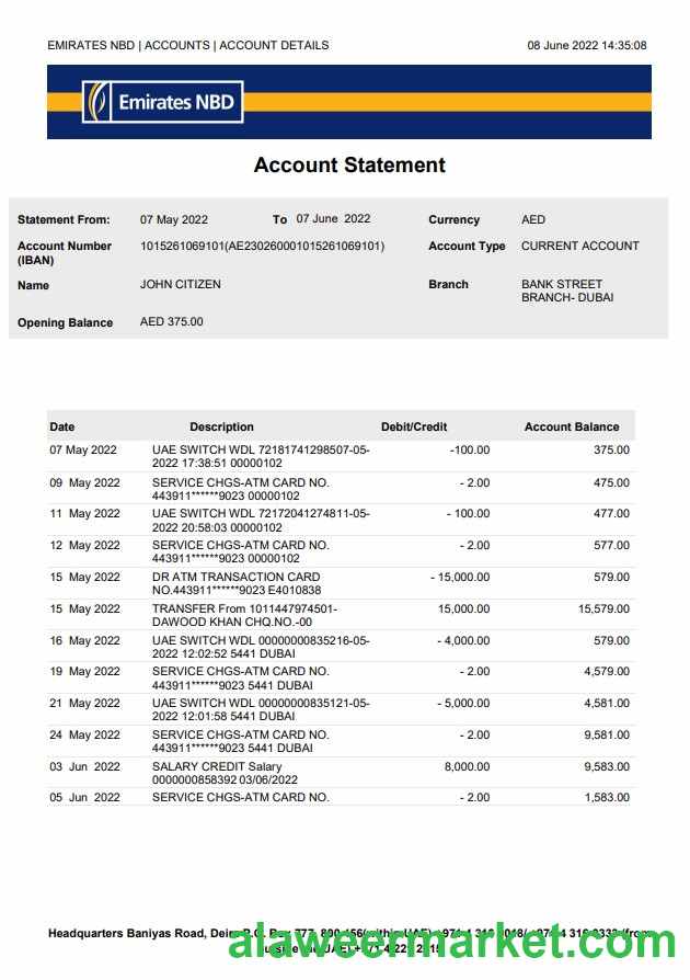 UAE Dubai NBD bank statement Word and PDF template, version 2