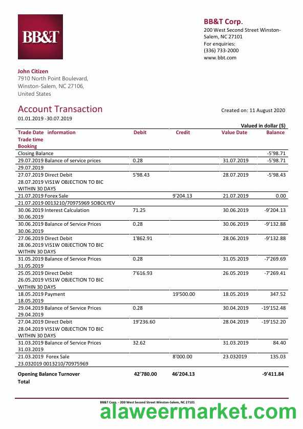 USA BB&T Corp. bank statement template in Word and PDF format