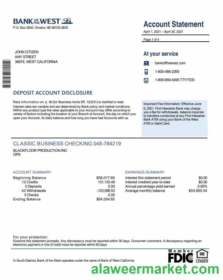 USA Bank of the West bank statement