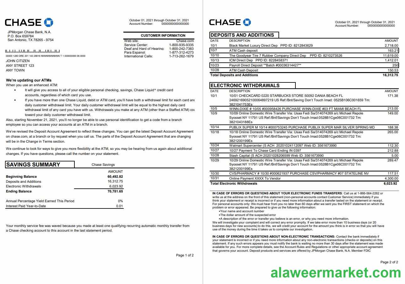 USA JP Morgan Chase bank statement template in .xls and .pdf file format, 2 pages