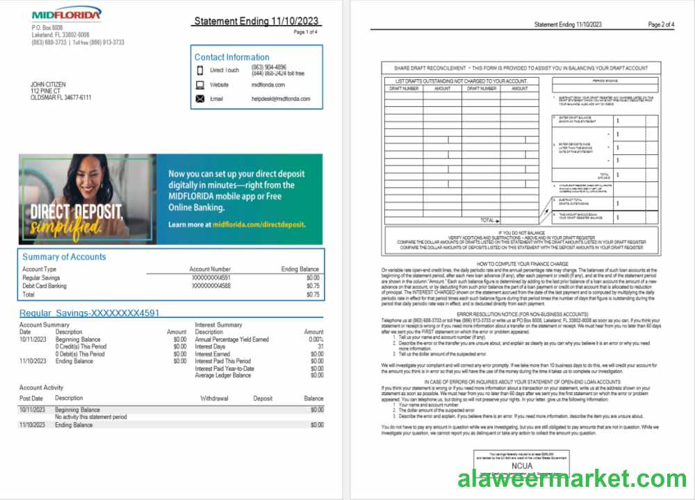 USA MidFlorida bank statement Word and PDF template, 3 pages 1-2