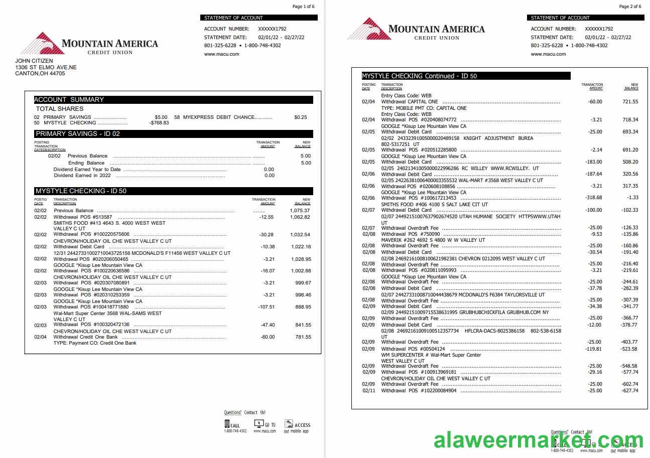 USA Mountain America Credit Union statement 6 pages