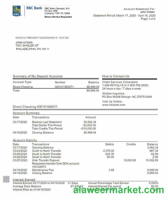 USA RBC bank statement Word and PDF template, version 2