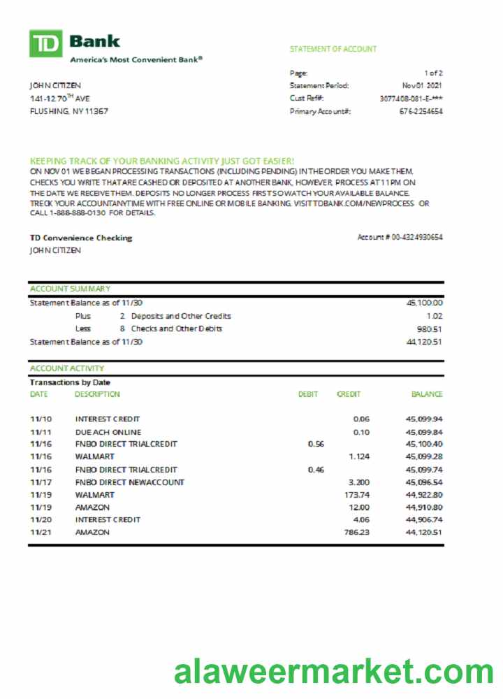 USA TD bank statement template in .xls and .pdf file format