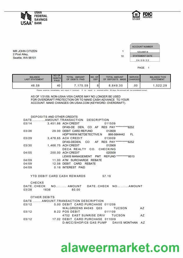 USA USAA bank statement 5 pages