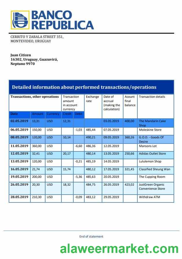 Uruguay Banco de la Rep_blica Oriental del Uruguay bank statement template in Word and PDF format, good for address prove