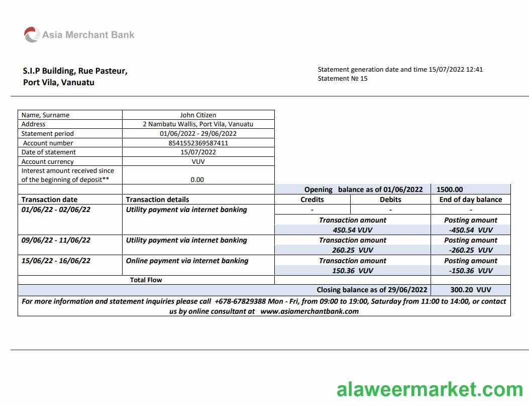 Vanuatu Asia Merchant bank statement