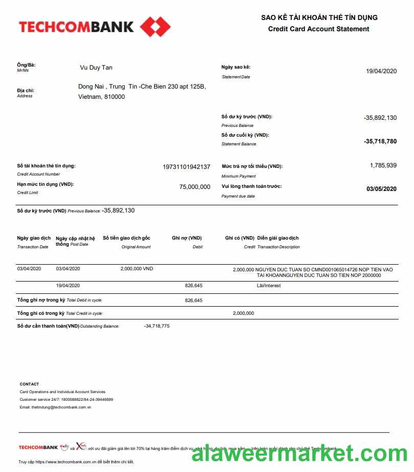 Vietnam Techcombank statement