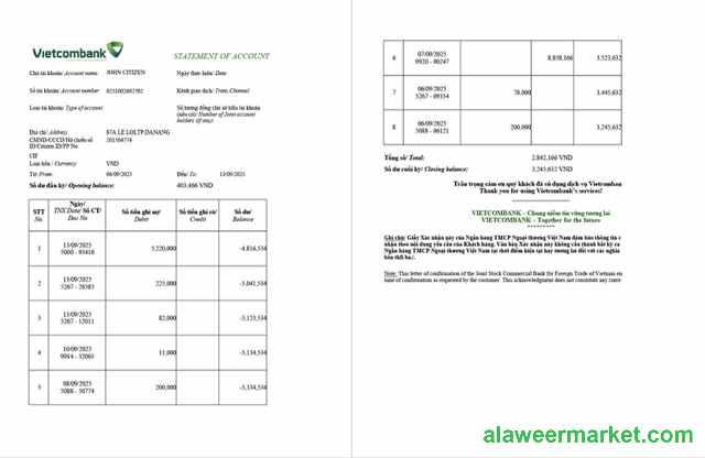 Vietnam Vietcombank statement of account Word and PDF template, 2 pages