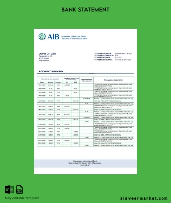 Afganistan AIB Banka Hesap Özeti