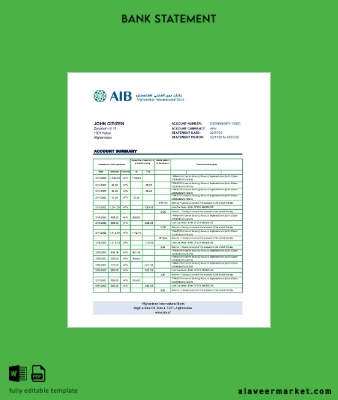 Afganistan International Banka (AIB) Banka Hesap Özeti