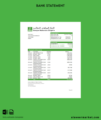 Cezayir Banque nationale d’Algérie (BNA) Banka Hesap Özeti excel