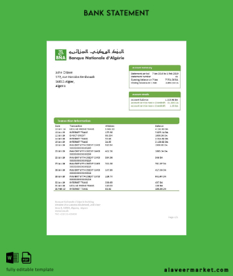 Cezayir Banque nationale d’Algérie (BNA) Banka Hesap Özeti