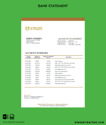 Antigua and Barbuda Global Banka of Commerce Banka Hesap Özeti excel