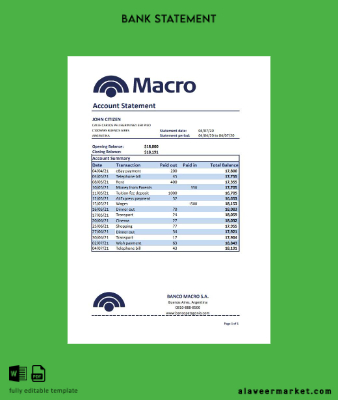 Arjantin Banco Macro S. A. Banka Hesap Özeti excel