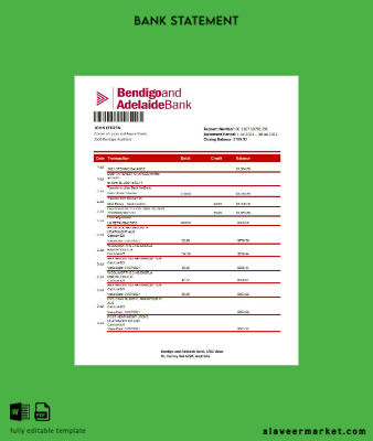 Avustralya Bendigo and Kimlik Kartı Banka Banka Hesap Özeti excel