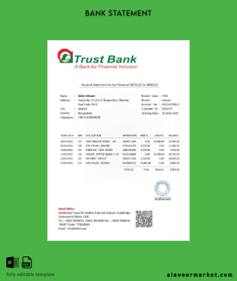 Bangladeş Trust Banka Hesap Özeti word