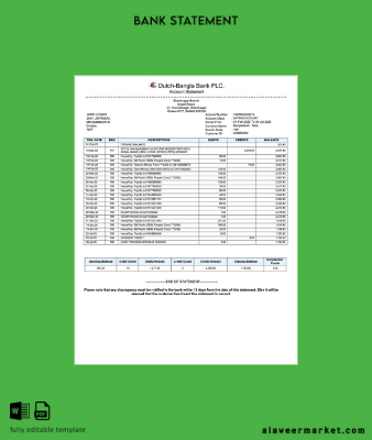 Bangladeş Dutch Bangla Banka Limited account Hesap Özeti word