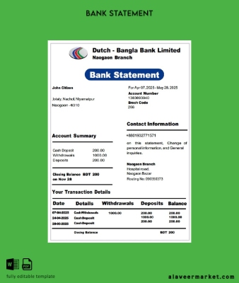 Bangladeş Dutch Bangla Banka Limited Banka Hesap Özeti word