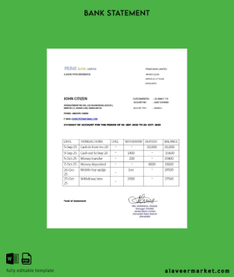 Bangladeş Prime Banka Limited Hesap Özeti of account word