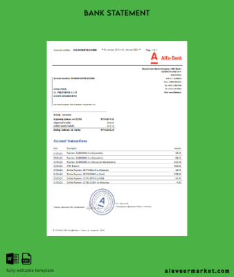 Belarus Alfa Banka Hesap Özeti excel
