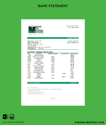 Benin Banka of Africa Banka Hesap Özeti excel