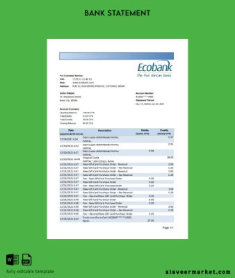 Benin Banka Banka Hesap Özeti excel