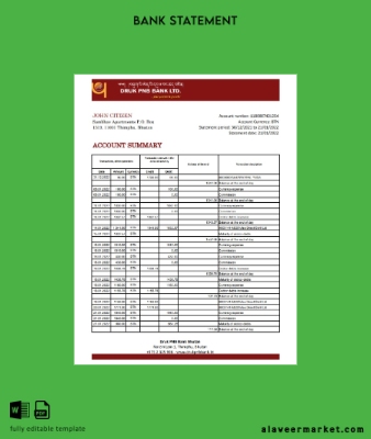Bhutan Druk PNB Banka Hesap Özeti excel