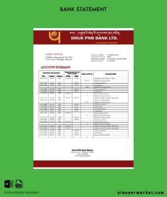 Bhutan Druk PNB Banka Hesap Özeti word