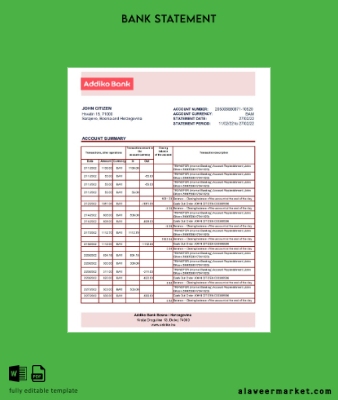Bosnia and Herzegovina Addiko Banka Hesap Özeti excel