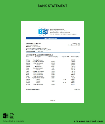 Bosnia and Herzegovina Bosna Banka International Banka Hesap Özeti excel