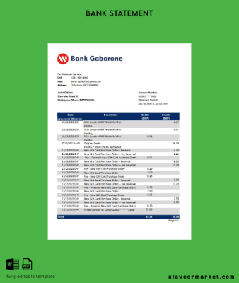 Botswana Banka Gaborone Banka Hesap Özeti excel