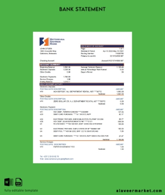 Botswana Savings Banka Hesap Özeti excel