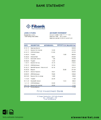 Bulgaristan Banka Banka Hesap Özeti excel