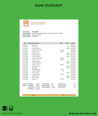Cambodia Union Commercial Banka Hesap Özeti excel