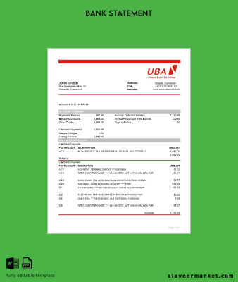 Cameroon UBA Banka Hesap Özeti excel