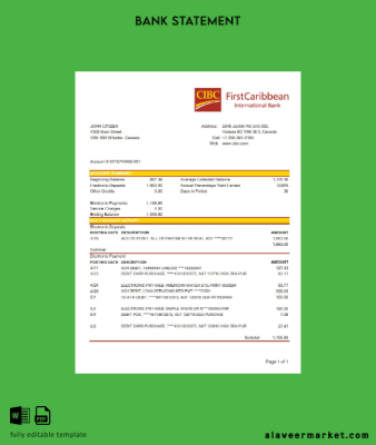 Kanada CIBC Banka Hesap Özeti excel