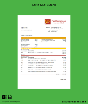 Kanada CIBC Banka Hesap Özeti word
