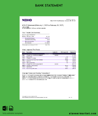 Kanada KOHO Financial Incorporated Banka Hesap Özeti word