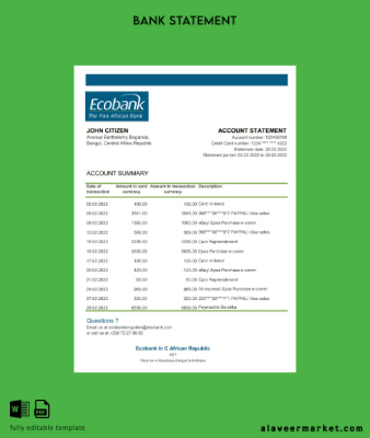 Central African Republic Banka Banka Hesap Özeti excel