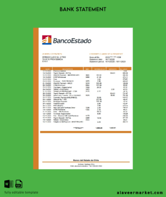 Şili Banco del Estado de Şili Banka Hesap Özeti word