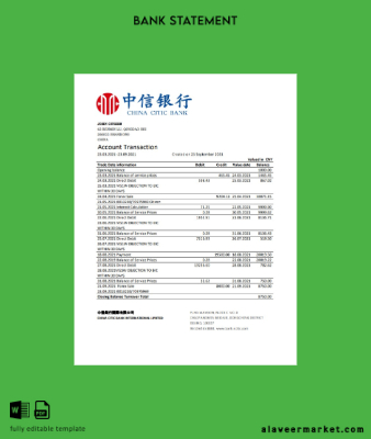 Çin Citic Banka Corp Banka Hesap Özeti excel