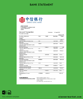 Çin Citic Banka Corp Banka Hesap Özeti word