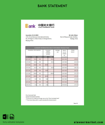 Çin Everbright Banka Hesap Özeti excel