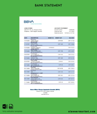 Kolombiya BBVA Banka Hesap Özeti excel