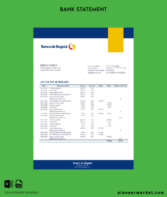 Kolombiya Banco de Bogotá Banka Hesap Özeti excel version 2