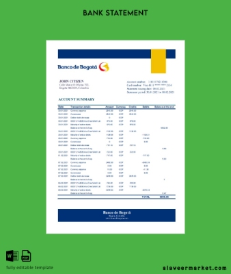 Kolombiya Banco de Bogotá Banka Hesap Özeti excel