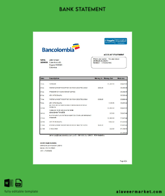 Kolombiya Kolombiya Banka Hesap Özeti excel
