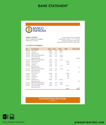 Costa Rica Banco Improsa Banka Hesap Özeti excel