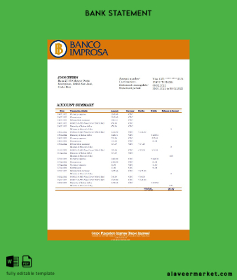 Costa Rica Banco Improsa Banka Hesap Özeti word